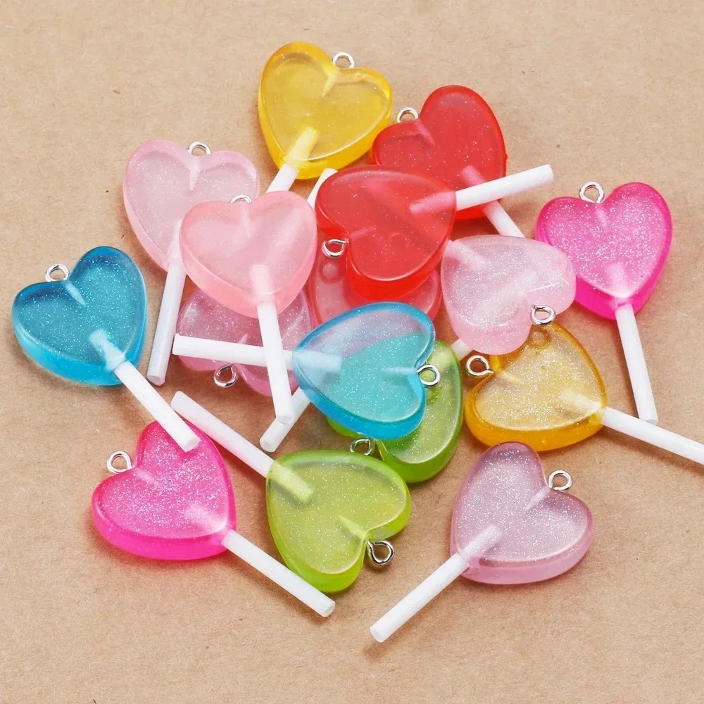 Resin Art Pendant - 10 Stück Kawaii Glitzernde Herz-Lollipop-Harzanhänger, Glitzer-Bonbon-Anhänger,